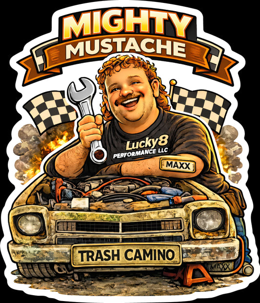 Max & the Trash Camino “Mighty Mustache” Sticker – 3x3